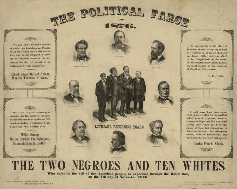 Created after the electoral commission awarded Republican candidate Rutherford B. Hayes all nineteen disputed electoral votes and in turn the presidency, this lithograph criticized the four members of the Louisiana election board and the eight Republicans on the congressional election commission for acting contrary to what the artist believed was the will of the people (Hayes earned nearly 300,000 less popular votes than Samuel J. Tilden, the Democratic nominee). 