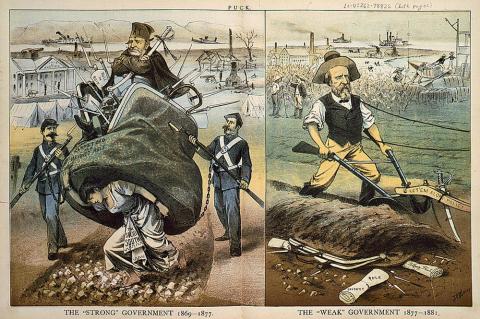 Two part cartoon showing: woman, "the Solid South", carrying Ulysses S. Grant in a carpet bag marked "carpet bag and bayonet rule"; Rutherford B. Hayes plowing under the carpet bag & bayonets with a plow marked "Let'em alone policy."