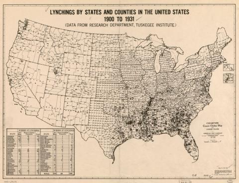 This 1931 map, based on data collected by the Tuskegee Institute, depicted lynchings per county throughout the entire United States between 1900-1931. In the bottom left-hand corner of the map a table can be found that compares lynchings by state.