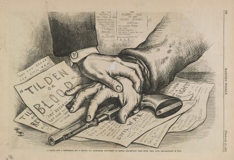 In its February 17, 1877 edition, Harper’s Weekly published an illustration by Thomas Nast that depicted the hand of a Republican holding down the hand of a Democrat reaching for a pistol atop a stack of papers that warned of civil war if Tilden were not to become President. While many in the country feared another civil war, Nast hoped that the commission would allow Congress to settle the impasse without violence.