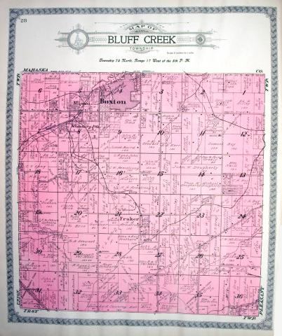 Outline map of Bluff Creek Township in Monroe County, Iowa in 1919.  This map shows the boundaries of Buxton along with railroad lines operated by the Consolidation Coal Company in reference to all of Monroe County.
