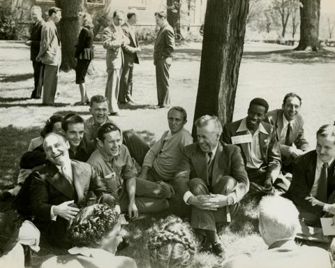 A photo of 1948 Progressive Party presidential candidate, Henry A. Wallace, as he campaigns at William Penn College in Oskaloosa, Iowa.