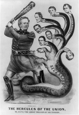 A cartoon of General Winfield Scott as he beats down the southern leaders as a Hercules-like figure. 
