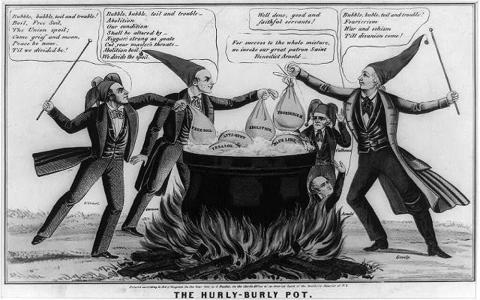 This cartoon "Hurly-Burly Pot" attacks abolitionist, Free Soil, and other sectionalist interests of 1850 as dangers to the Union