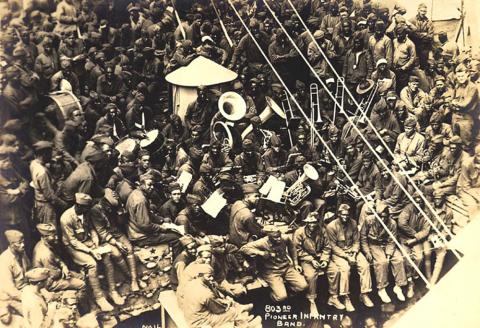 Photo of 803rd Pioneer Infantry Band on board the U.S.S. Philippines in Brest Harbor, France.  