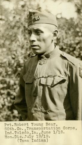 Photography taken circa 1918 of Native American Private Robert Young Bear, a Meskwaki soldier who served with 50th Company of the Transportation Corps.