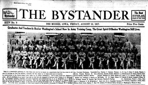 Formal photo and caption from The Bystander (August 10, 1917) of a group of 50 African American soldiers in training at Fort Des Moines.  These men are graduates and teachers from Tuskegee Institute, founded by Booker Washington.