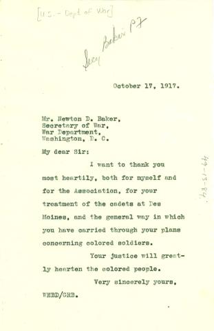 A letter from WEB DuBois thanking Secretary Baker for his treatment of the cadets at Camp Des Moines and the way he has carried out his plans concerning colored soldiers.