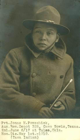 Photograph taken circa 1917 of Native American Private Jonas M. Poweshiek, a Meskwaki soldier.