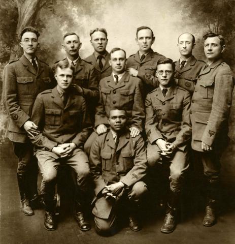 A military picture of 10 soldiers (1 African American) who are YMCA Educational Secretaries from Camp Dodge in 1918.