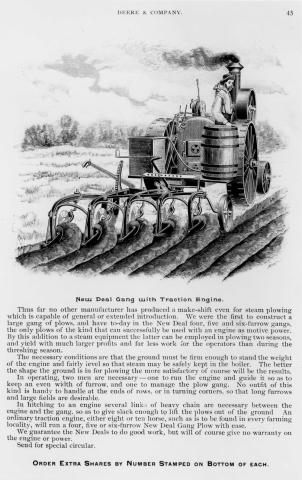 Promotional ad for the New Deal Gang plow to be used with a traction steam engine from 1889.