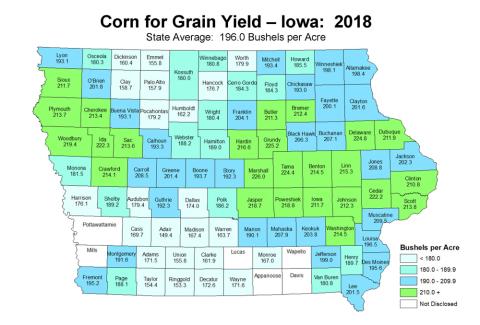 Corn For Grain Yield Map Of Iowa, 2018 | State Historical Society Of Iowa