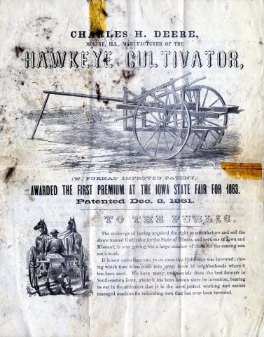 Two hand drawings and text telling about John Deere’s riding implement, the Hawkeye Cultivator.