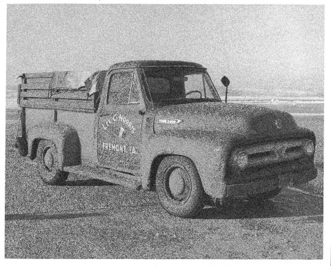 1950s era Ford F-250 truck with “Lee C. Norris, Freemont, IA.” painted on passenger’s door, is parked at the Des Moines airport awaiting the flight of 39 hogs from Iowa  to Yamanashi, Japan.  Back of truck is boarded up on the sides and covered with a strapped-down tarp.