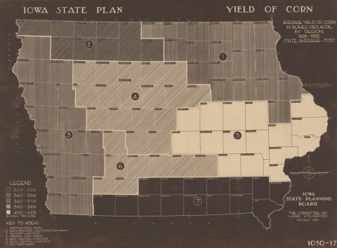 Political map of Iowa showing all 99 counties divided up into regions.  Each region is numbered and shaded according to the average corn yield from 1928-1932.