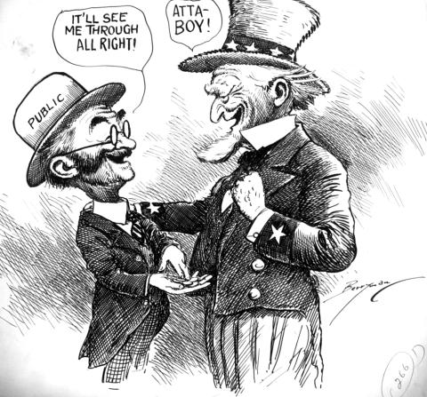 Political cartoon showing Uncle Sam giving John Q. Public money.  
