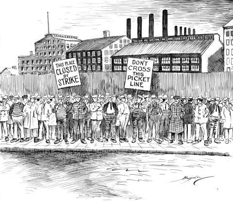 Black and white cartoon  of strikers on a picket line.