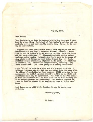 The typed letter outlines instructions for photographer Arthur Rothstein.  
