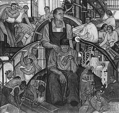 A black and white image of a mural showing a variety of individuals from various backgrounds.  