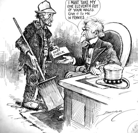 A political cartoon of Uncle Sam asking a disheveled man money for taxes