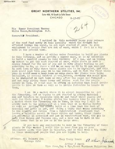 A letter from Arthur Smith to President Herbert Hoover. 