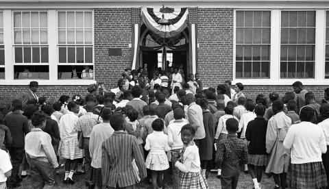 African American school children entering the Mary E. Branch School at S. Main Street and Griffin Boulevard, Farmville, Prince Edward County, Virginia