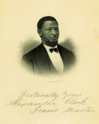 Engraved portrait of Alexander Clark, Muscatine lawyer who initiated an Iowa Supreme Court case to allow his daughter to attend the white-only public school, and U.S. Ambassador to Liberia.