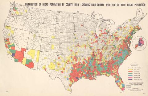 A statistical atlas by Samuel Fitzsimmons shows the distribution of of the "Negro population" by each county in 1950. The counties used in the map had a black population of 500 or more residents.