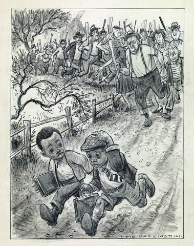 Cartoon shows two African-American boys dressed for school running from a crowd of angry people.