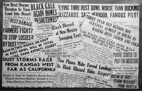 The image shows a collection of headlines from various newspaper about dust storms and the dust bowl.  