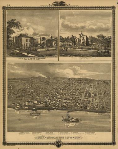 The image is a lithograph showing a bird’s eye view of the city of Muscatine in 1875. The view is from the Mississippi River looking west towards the city. The streets are laid out in a grid pattern, and the image includes the physical features of the area as well as the built city. The commercial buildings near the river are more prominent than the residential buildings farther west.
