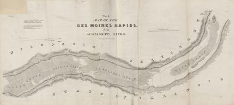 The map provides depth readings for the area of the Des Moines Rapids, a section of the Mississippi River. The map is oriented with north to the right. West is at the top of the page.