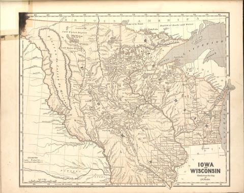 This map of the Iowa and Wisconsin Territories includes the physical features of rivers and lakes as well as human features of indigneous populations, county lines, and towns/cities.