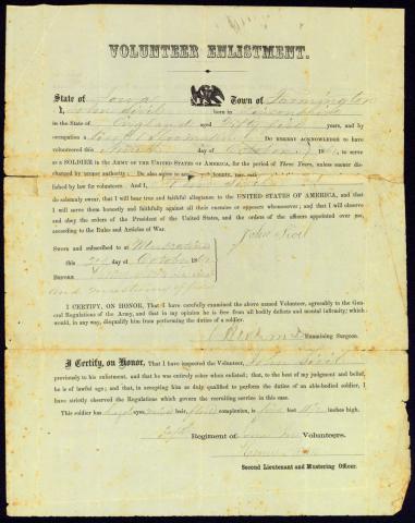 Iowan John Sivil Jr.'s Volunteer Enlistment Form during the Civil War, October 9, 1862