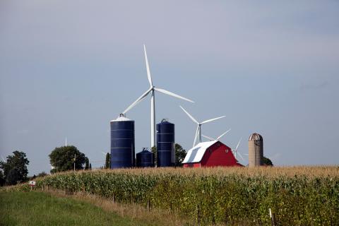 Wind turbines on a farm in Iowa.