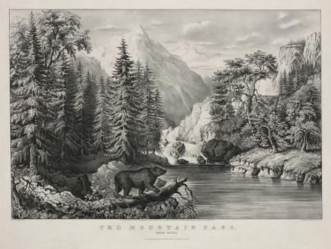 Print showing a wilderness scene with a bear at the edge of a stream and waterfalls and mountains in the background.