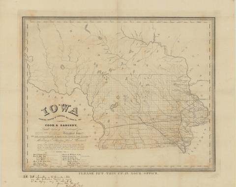 A map from 1851 showing the proposed routes for railroads in Iowa. 