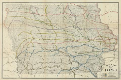The map shows the many railroads running through the state of Iowa in 1881.
