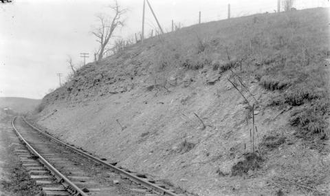 A railroad cutting through Maquoketa shale in Graf, Iowa. 
