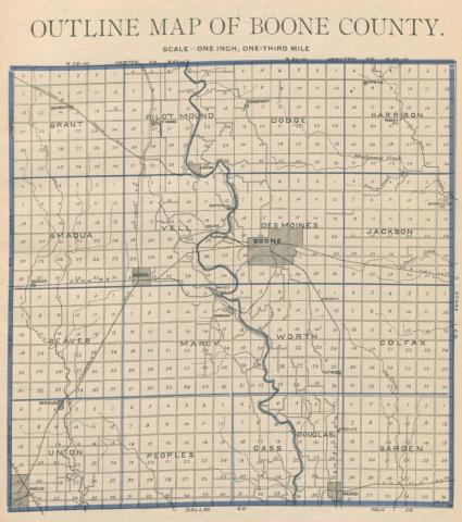 atlas of Boone County from 1902 that shows townships, rivers, towns and railroad lines.