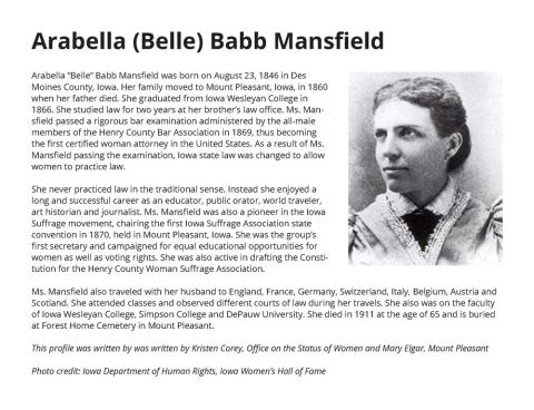 Arabella (Belle) Babb Mansfield, First Certified Female Attorney in the United States