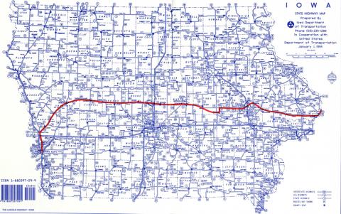 A State of Iowa Road Map from 1994 with the Original route of the Lincoln Highway (in red)
