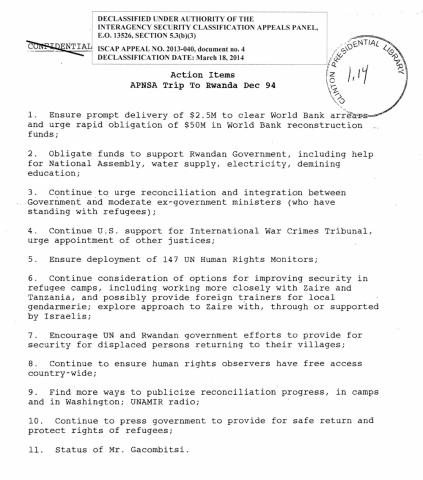 This document is a list from the Clinton Administration of action items for the APNSA to take to a meeting regarding the Civil War and genocide in Rwanda Africa.