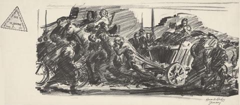 Reproduction of drawing shows European refugees pulling a large cart, bicycling and soldiers riding horses in one direction, as soldiers walk in the opposite direction.