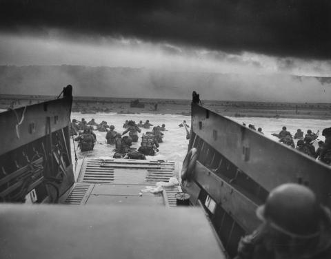 This photograph from the Franklin D. Roosevelt Library in Hyde Park, New York, shows American soldiers landing in Normandy, France, on the morning of June 6, 1944, the beginning of the long-awaited invasion to liberate continental Europe from the grip of Nazi Germany