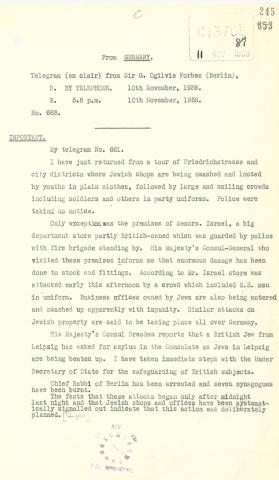 Telegram from Sir G Ogilvie Forbes regarding the damage dealt to Jewish properties during ‘Kristallnacht’ on November 10, 1938