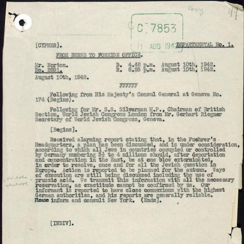Telegram from Mr Gerhart Riegner to Mr S S Silverman, both of the World Jewish Congress, regarding rumours of the extermination of Jews in Concentration Camps