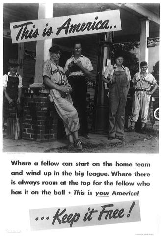 Propaganda poster in black and white showing a group of men on a porch.  