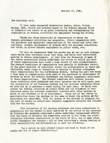Herbert Hoover's Statement to the Press on Federal Activities for Employment, October 17, 1930