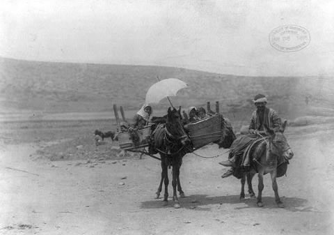 Family Traveling with Donkey and Horse near Sea of Galillee in Palestine, 1895